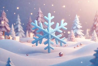 Primary subject: A 3D digital snowflake.

Setting/background: A snowy environment with trees in the background.

Visual style: Digital art.

Colors and mood: The snowflake is blue, and the overall atmosphere is cold and wintry.